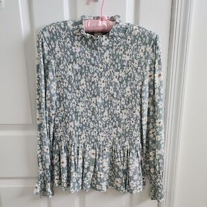 Womens Floral Smocked Long Sleeve Flower Print Top